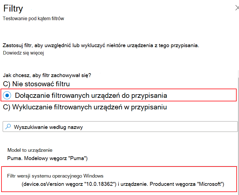 Zrzut ekranu przedstawiający sposób dołączania filtru podczas przypisywania zasad w Microsoft Intune.