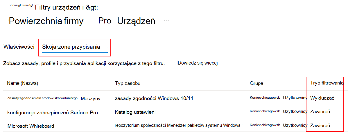 Zrzut ekranu przedstawiający skojarzone karty przypisania dla istniejącego filtru w Microsoft Intune.