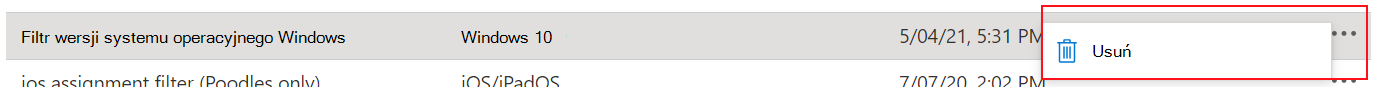 Zrzut ekranu przedstawiający sposób usuwania filtru w Microsoft Intune.