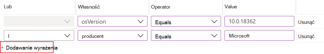 Zrzut ekranu przedstawiający sposób używania konstruktora reguł w Microsoft Intune do tworzenia filtru wyrażeń i przypisywania do zasad.