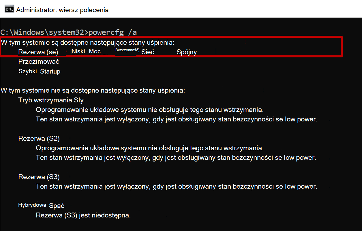 Zrzut ekranu przedstawiający wiersz polecenia wyświetlający dane wyjściowe polecenia powercfg z dostępnym stanem wstrzymania S0.