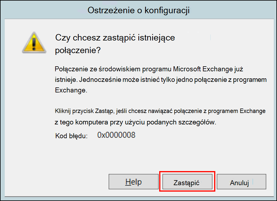 Ostrzeżenie o konfiguracji w celu zastąpienia łącznika