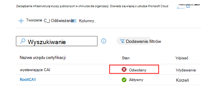 Przykładowy zrzut ekranu przedstawiający listę urzędu certyfikacji z wyróżnionym stanem odwołania.