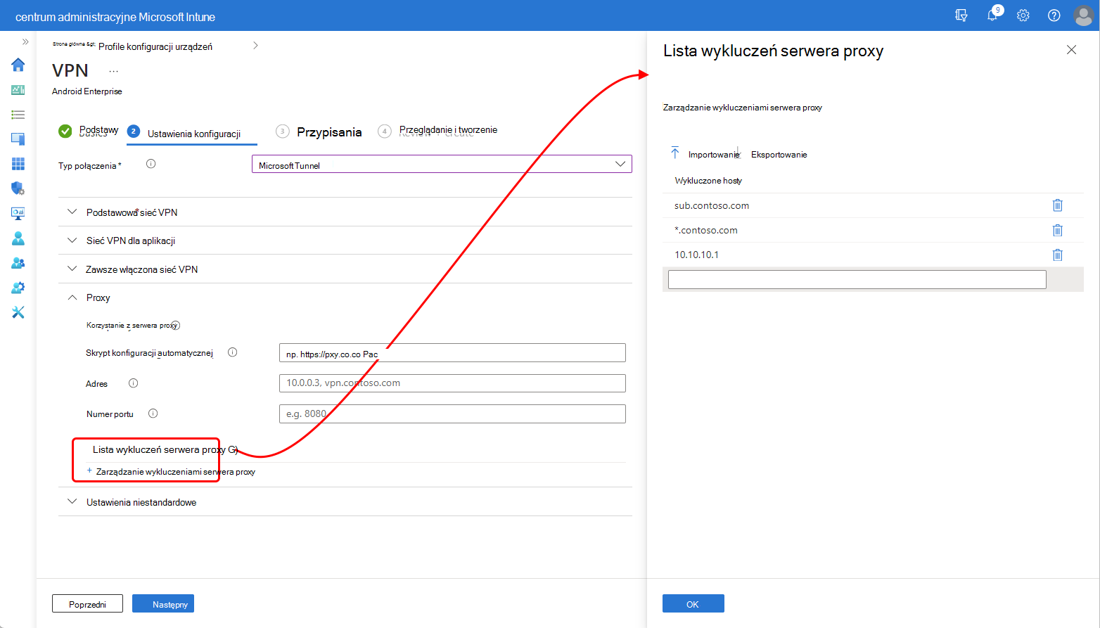 Zrzut ekranu przedstawiający okienko listy wykluczeń serwera proxy w centrum administracyjnym Intune.