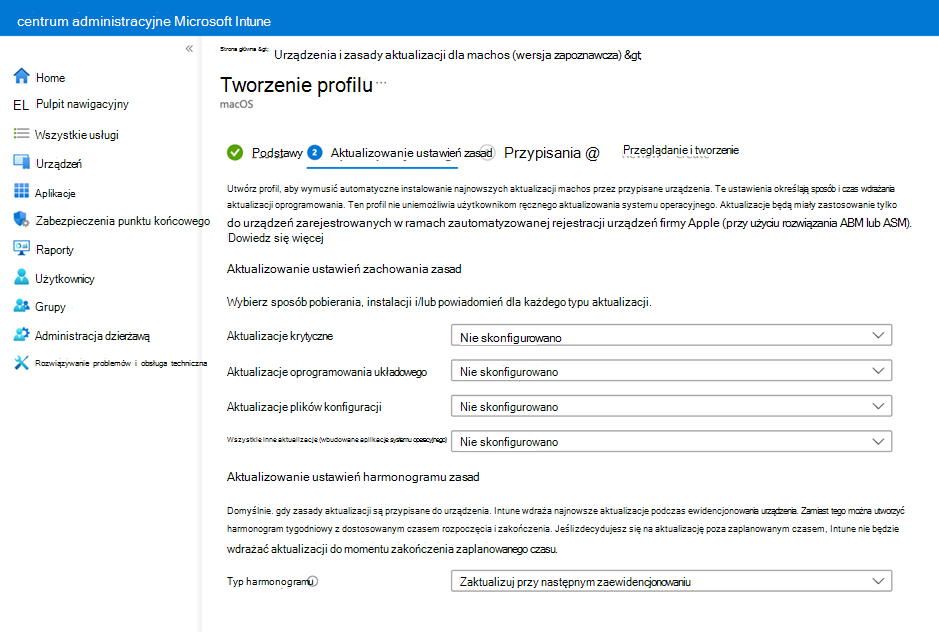 Zrzut ekranu przedstawiający stronę Ustawienia zasad aktualizacji.
