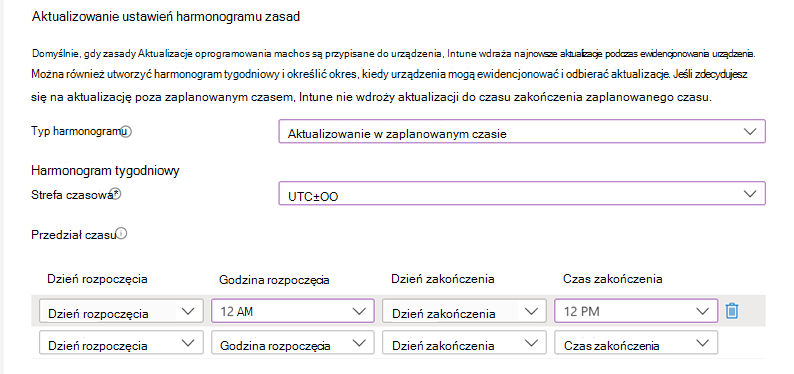 Zrzut ekranu przedstawiający ustawienia harmonogramu aktualizacji zasad.