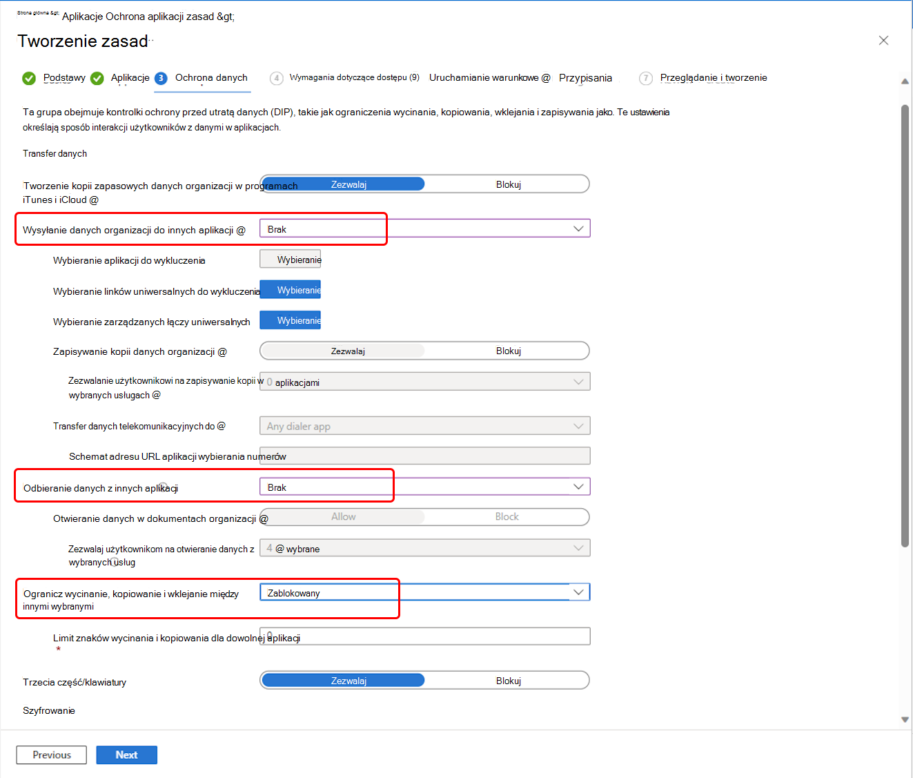 Wybierz ustawienia relokacji danych zasad ochrony aplikacji Outlook.