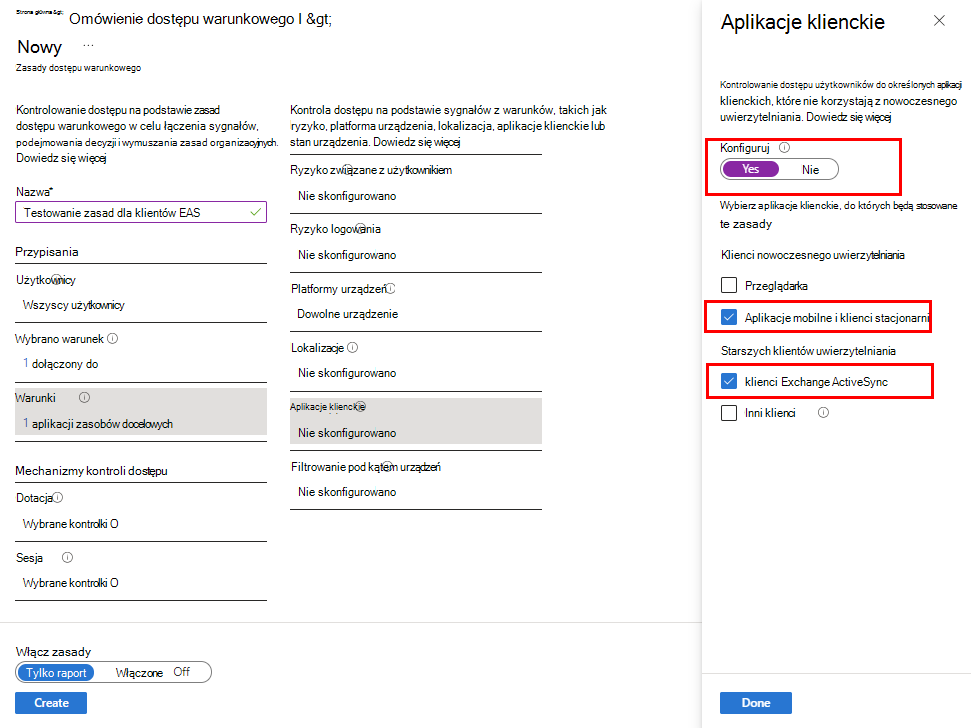 Skonfiguruj aplikacje klienckie dla kategorii Warunki.