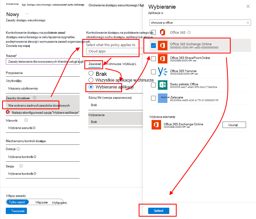 Wybierz aplikację Office 365 Exchange Online.