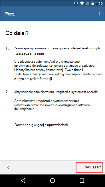 Zrzut ekranu przedstawiający Portal firmy, ekran Co dalej z wyróżnionym przyciskiem Dalej.