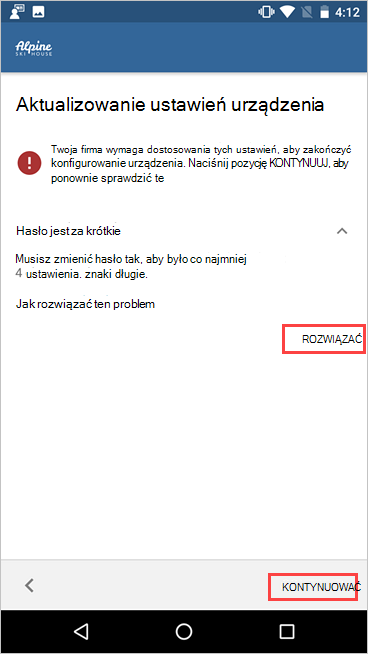 Zrzut ekranu przedstawiający Portal firmy, aktualizowanie ustawień urządzenia, wyróżnianie przycisków Rozwiąż i Kontynuuj.