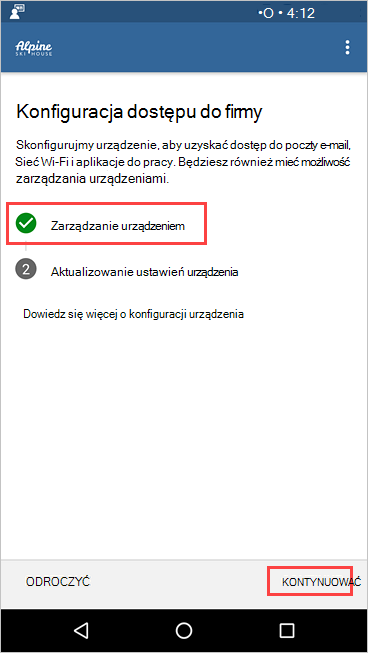 Zrzut ekranu przedstawiający ekran Portal firmy Konfiguracja dostępu do firmy z wyświetlonym ekranem Pobieranie zarządzania urządzeniem zostało ukończone.