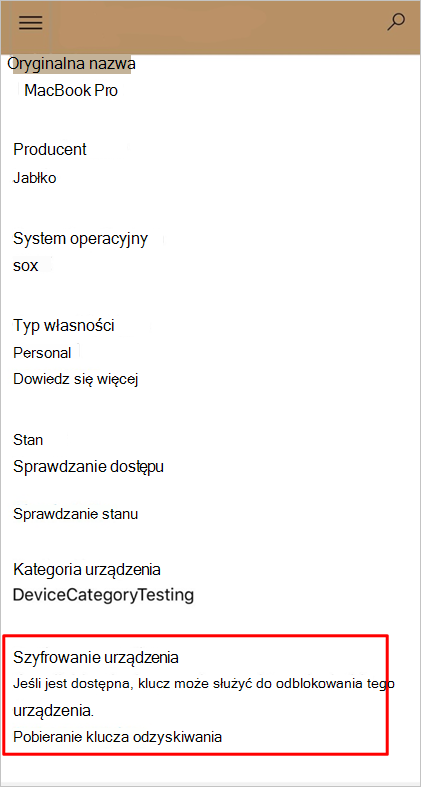 Zrzut ekranu przedstawiający witrynę internetową Portal firmy z wyróżnioną sekcją Pobierz klucz odzyskiwania.