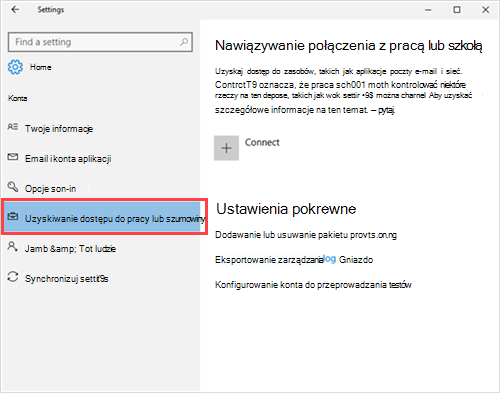 Zrzut ekranu przedstawiający sekcję Ustawienia ustawień konta aplikacji z wyróżnioną opcją Dostęp do pracy lub szkoły z czerwonym prostokątem.