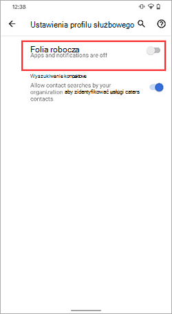 Zrzut ekranu przedstawiający przełącznik profilu służbowego wyłączony w ustawieniach urządzenia Google Pixel 4.