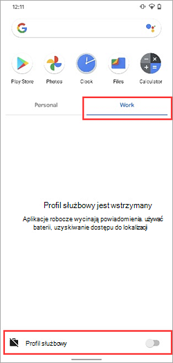 Zrzut ekranu przedstawiający przełącznik profilu służbowego wyłączony w zasobniku aplikacji urządzenia Samsung Galaxy S20.