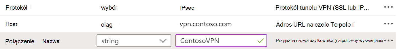 Przykłady protokołu, nazwy połączenia i nazwy hosta w zasadach konfiguracji aplikacji sieci VPN w Microsoft Intune przy użyciu Designer konfiguracji