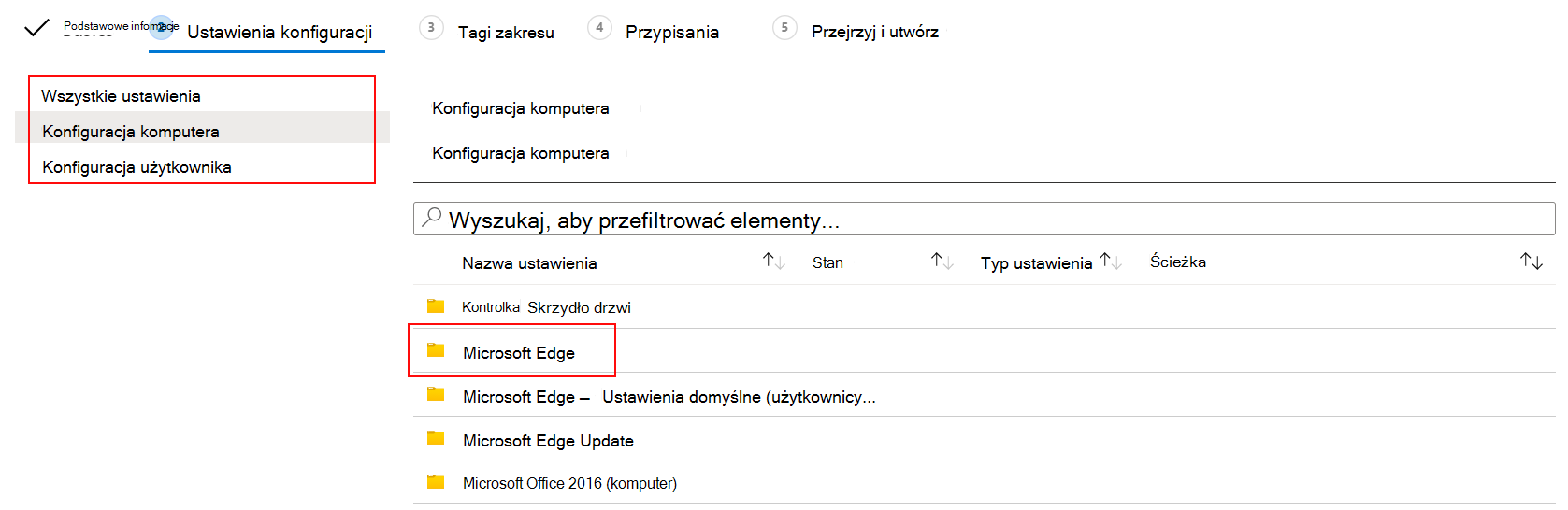 Zrzut ekranu przedstawiający ustawienia ADMX dotyczące konfiguracji użytkownika i konfiguracji komputera w centrum administracyjnym Microsoft Intune i Intune.