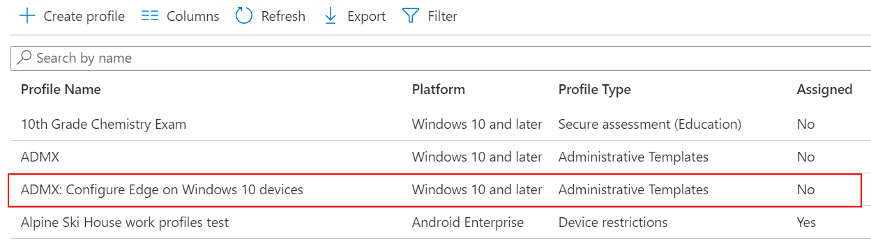 Zrzut ekranu przedstawiający ustawienie zasad ADMX jest wyświetlane na liście profilów konfiguracji urządzenia w centrum administracyjnym Microsoft Intune i Intune.