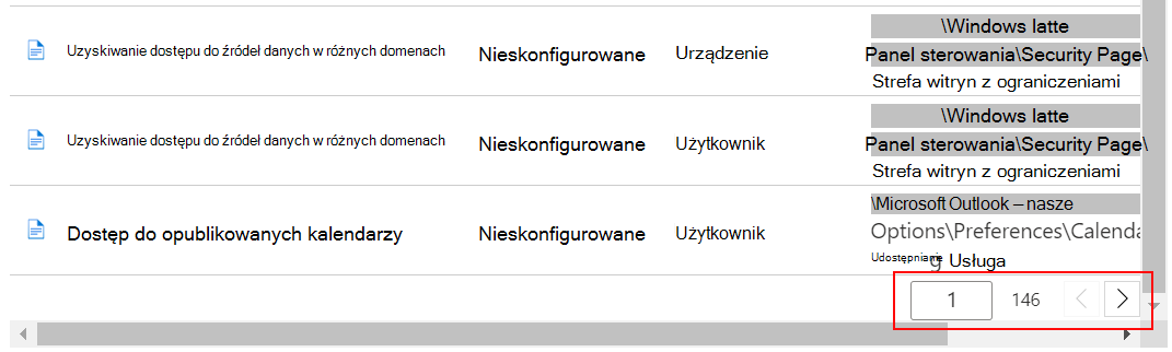 Zobacz przykładową listę ustawień i użyj przycisków poprzedni oraz następny w centrum administracyjnym usługi Intune oraz usłudze Microsoft Intune.