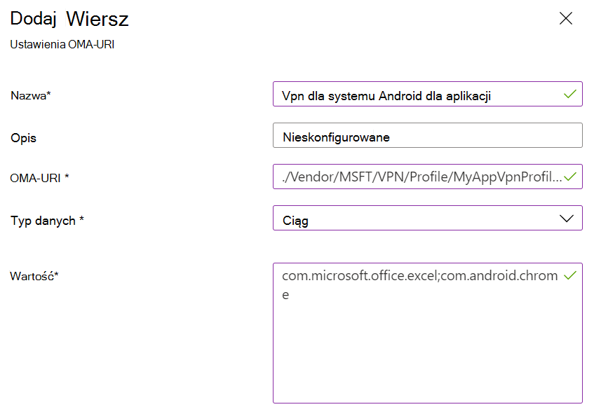 Zrzut ekranu przedstawiający niestandardowe zasady niestandardowe sieci VPN dla aplikacji dla administratora urządzeń z systemem Android w Microsoft Intune.