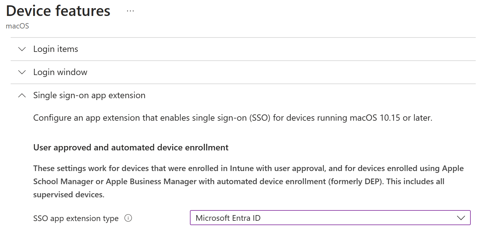 Zrzut ekranu przedstawiający typ rozszerzenia aplikacji logowania jednokrotnego i identyfikator Microsoft Entra dla systemu macOS w usłudze Intune