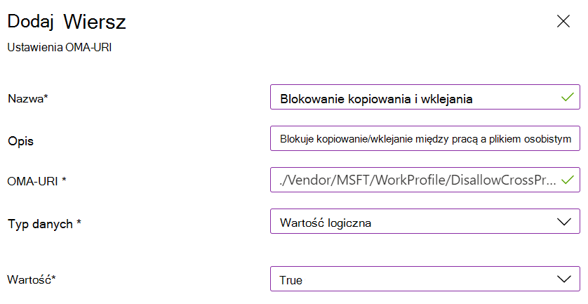 Zrzut ekranu przedstawiający ustawienie w niestandardowym profilu służbowym Microsoft Intune, które blokuje kopiowanie i wklejanie dla urządzeń osobistych z systemem Android Enterprise.