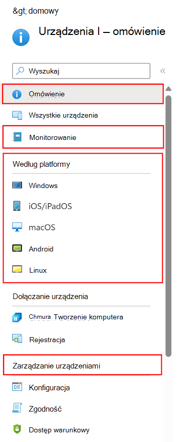 Zrzut ekranu przedstawiający sposób wybierania pozycji Urządzenia, aby zobaczyć, co można skonfigurować i czym można zarządzać w usłudze Microsoft Intune.