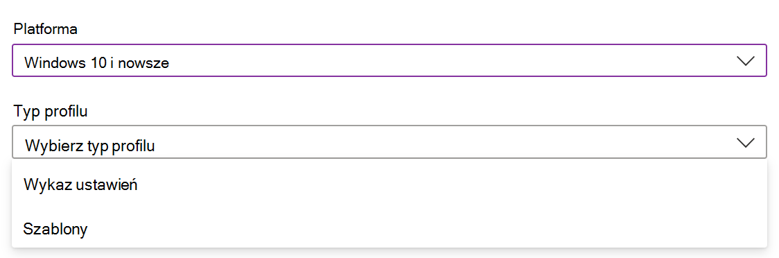 Zrzut ekranu przedstawiający sposób tworzenia zasad i profilu konfiguracji urządzeń z systemem Windows w usłudze Microsoft Intune.