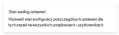 Zrzut ekranu przedstawiający raport stanu dla każdego ustawienia w usłudze Microsoft Intune i centrum administracyjnym usługi Intune.