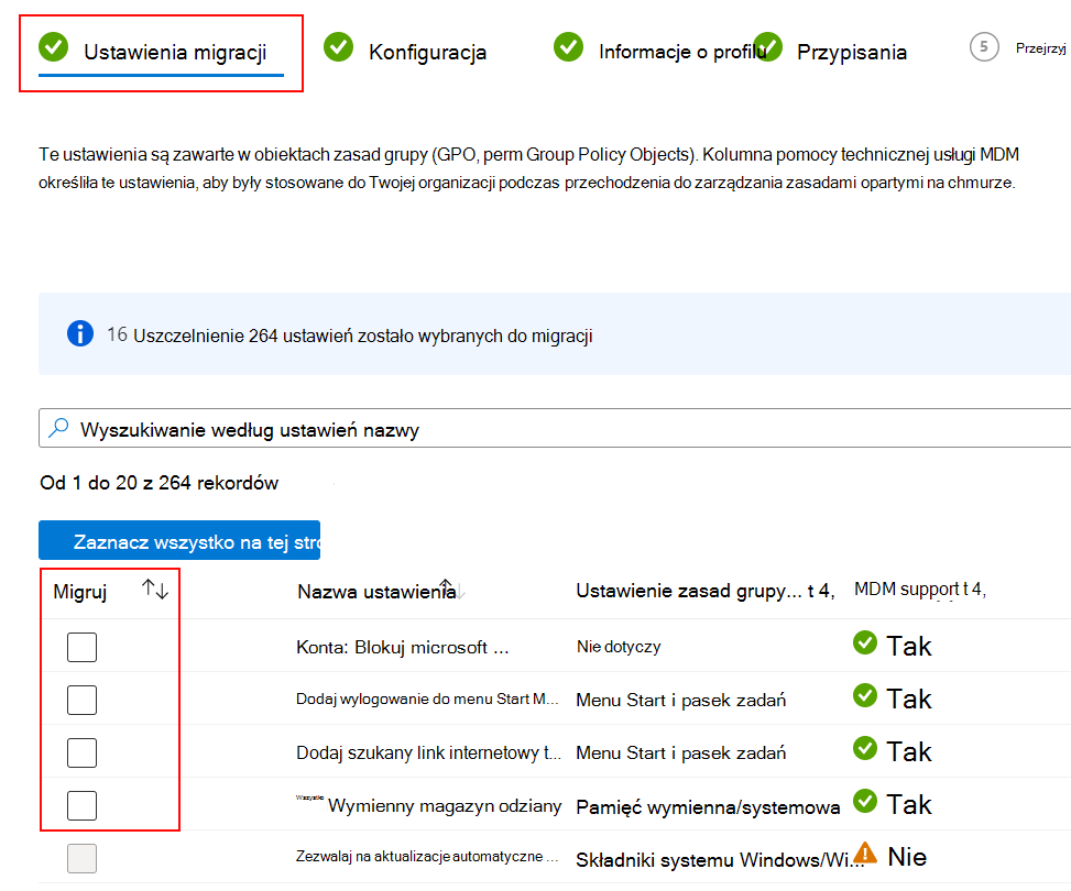 Zrzut ekranu przedstawiający ustawienia migracji oraz sposób wybierania pola wyboru Migruj w Microsoft Intune.