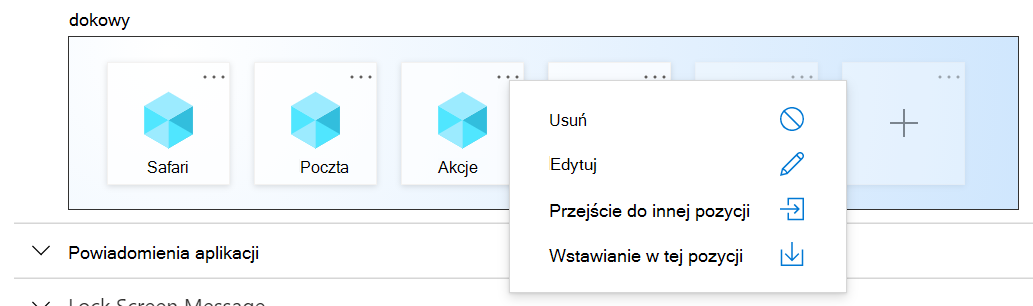 Przykładowe ustawienia docka układu ekranu głównego systemu iOS/iPadOS w Microsoft Intune