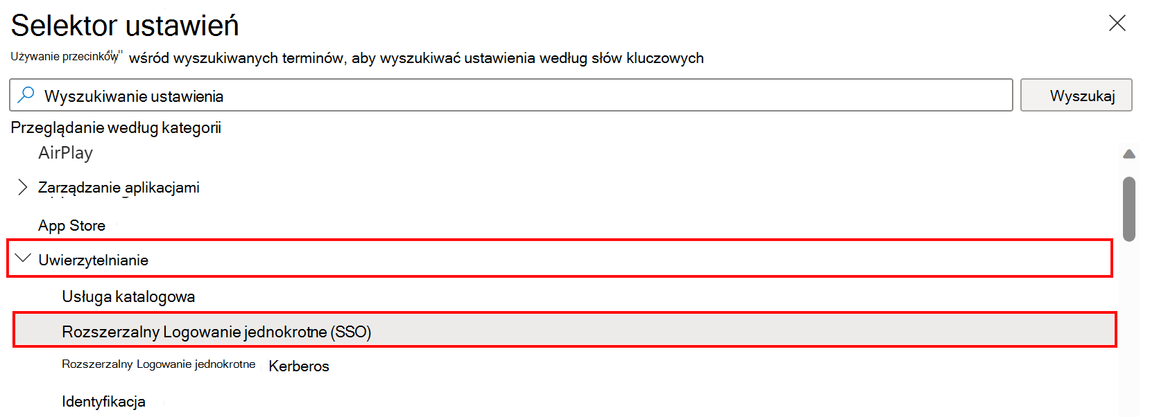 Zrzut ekranu przedstawiający selektor ustawień wykazu ustawień i wybierający kategorię uwierzytelniania i rozszerzalnego logowania jednokrotnego w Microsoft Intune.