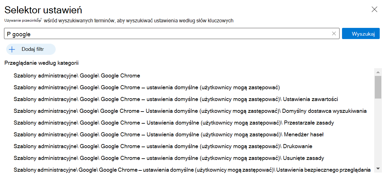 Zrzut ekranu przedstawiający ustawienia przeglądarki Google Chrome w katalogu ustawień wbudowane w usługę Microsoft Intune i centrum administracyjne usługi Intune. Użyj tych ustawień, aby utworzyć i skonfigurować zasady przeglądarki Google Chrome na urządzeniach z systemem Windows.