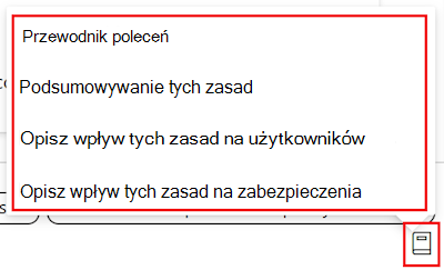 Zrzut ekranu przedstawiający przewodnik po wierszu polecenia zasad rozwiązania Copilot oraz listę dostępnych monitów w katalogu ustawień w usłudze Microsoft Intune i centrum administracyjnym usługi Intune.