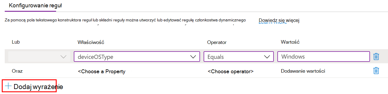 Zrzut ekranu przedstawiający sposób tworzenia zapytania dynamicznego i dodawania wyrażeń w szablonie administracyjnym Microsoft Intune.