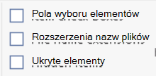 Zrzut ekranu przedstawiający sposób wybierania rozszerzeń nazw plików na karcie widok w Eksploratorze plików systemu Windows.