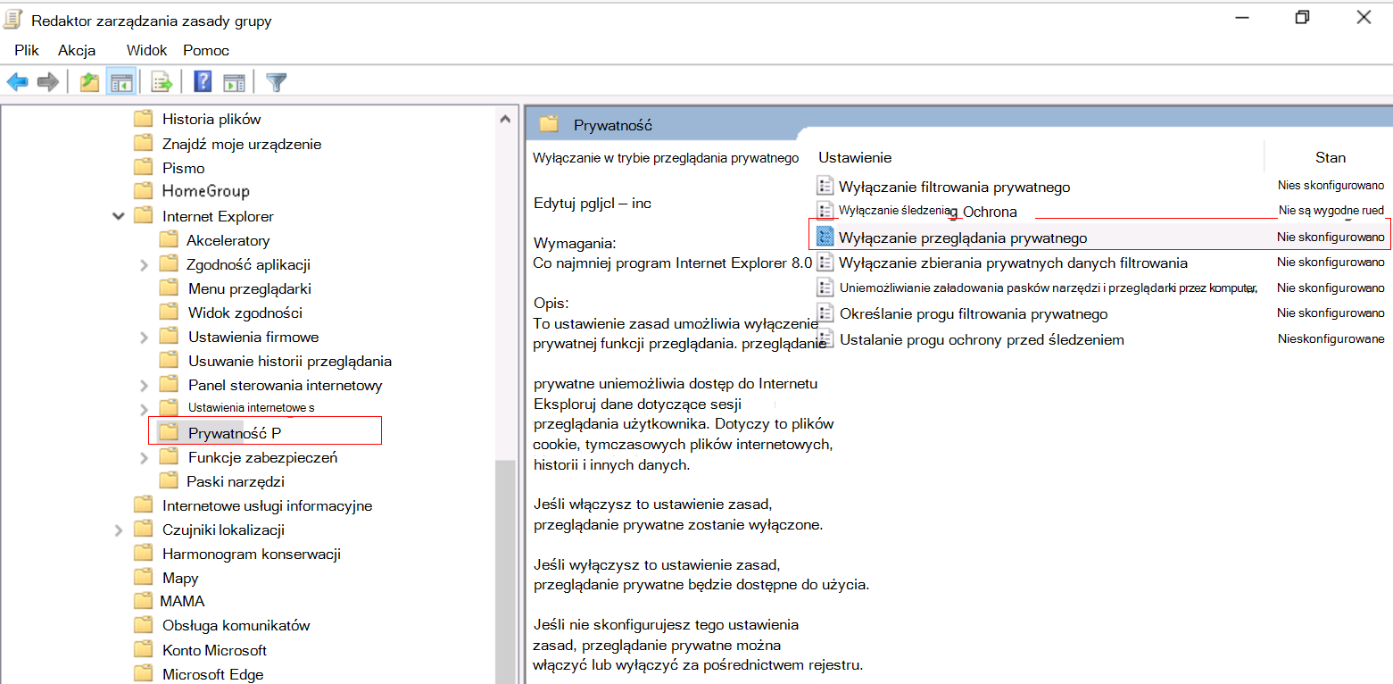 Zrzut ekranu przedstawiający sposób wyłączania przeglądania InPrivate w programie Internet Explorer przy użyciu szablonu ADMX.