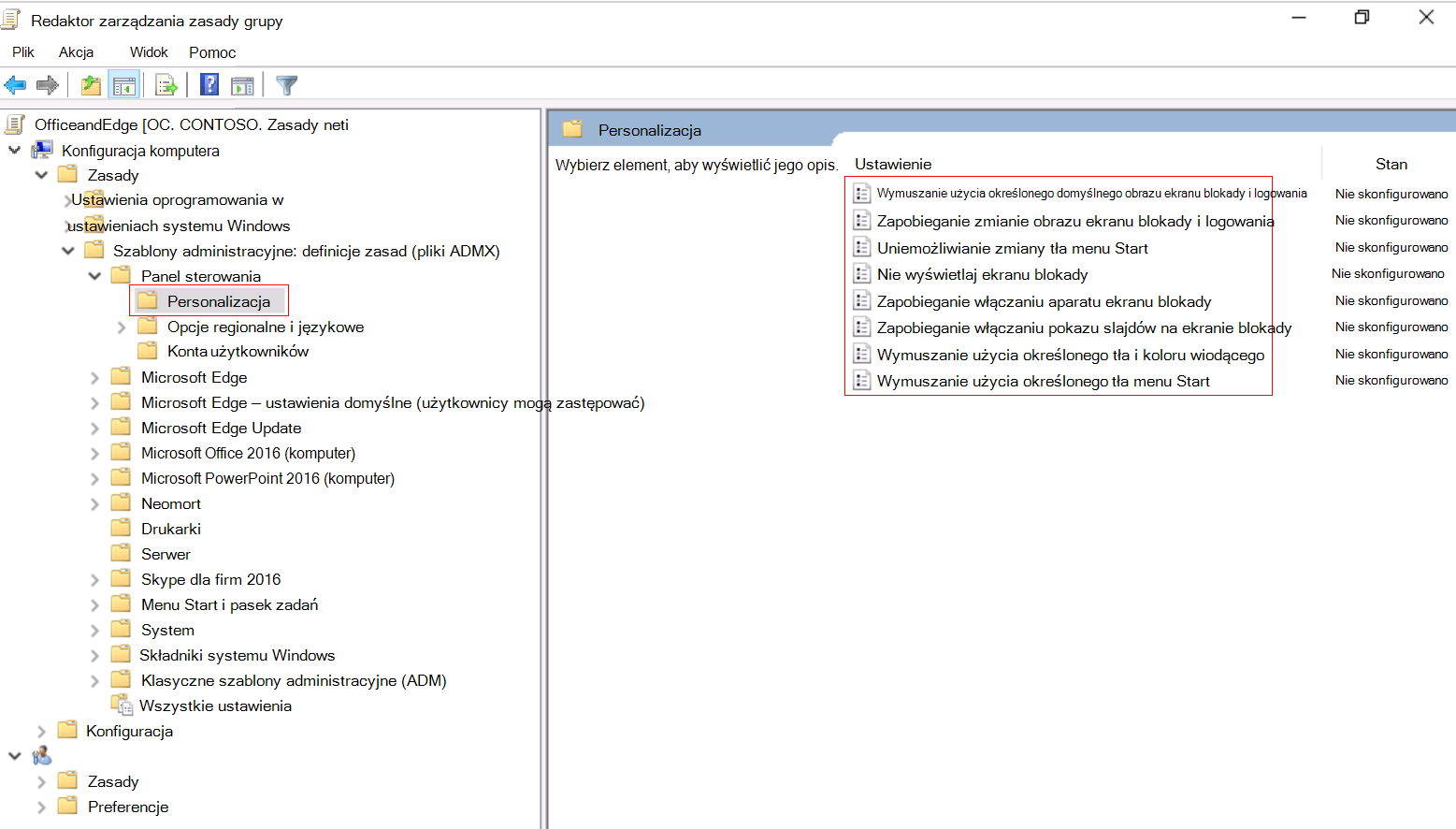 Zrzut ekranu przedstawiający sposób rozwijania konfiguracji komputera w lokalnym Redaktor zarządzania zasady grupy, a następnie przejdź do obszaru Personalizacja.