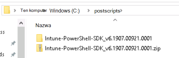 Zrzut ekranu przedstawiający strukturę folderów Intune zestawu PowerShell SDK po wyodrębnieniu.