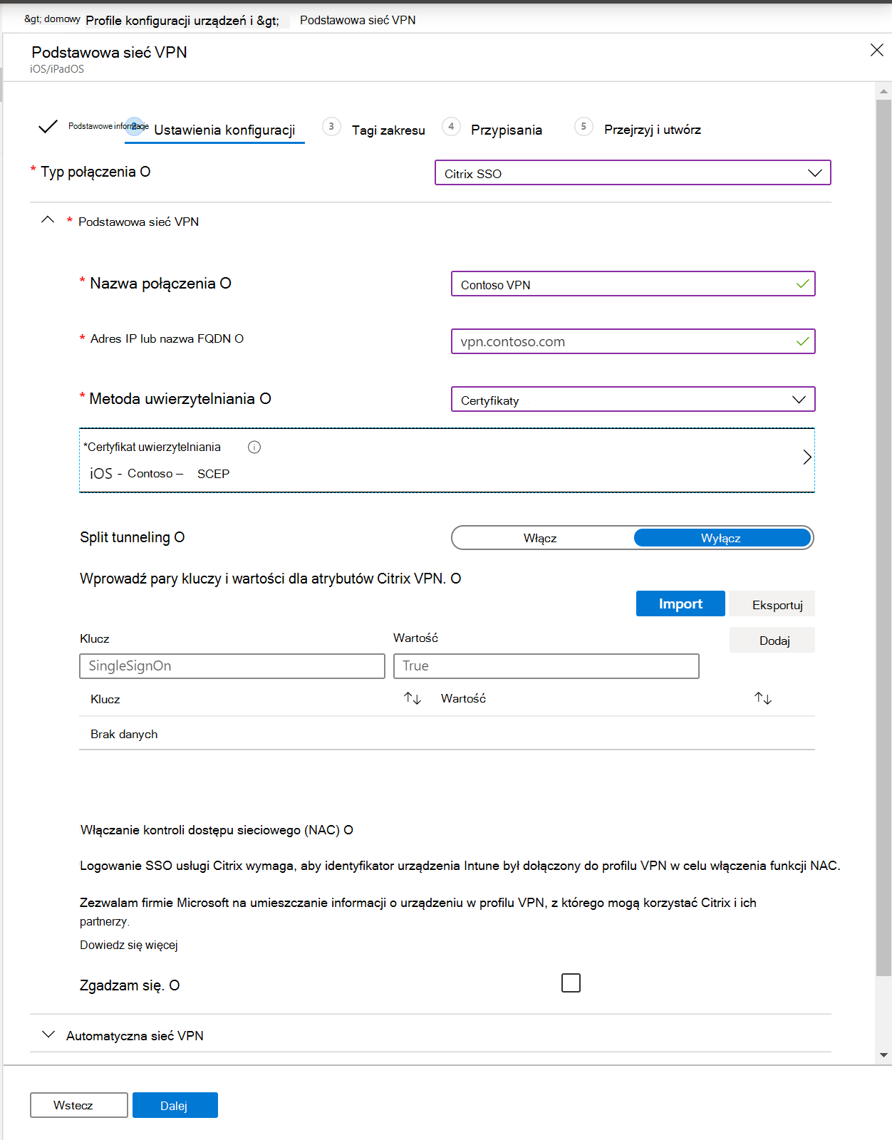 Zrzut ekranu przedstawiający profil sieci VPN dla aplikacji, adres IP lub nazwę FQDN, metodę uwierzytelniania i tunelowanie podzielone w centrum administracyjnym Microsoft Intune i Intune.