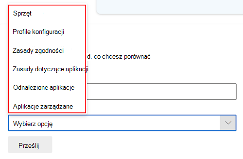 Zrzut ekranu przedstawiający polecenie usługi Copilot dotyczące porównania po wybraniu dowolnego urządzenia w usłudze Microsoft Intune lub centrum administracyjnym usługi Intune.