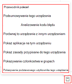 Zrzut ekranu przedstawiający przewodnik po poleceniach usługi Copilot po wybraniu dowolnego urządzenia w usłudze Microsoft Intune i Centrum administracyjnym usługi Intune.