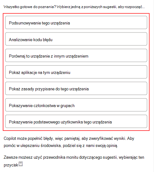 Zrzut ekranu przedstawiający przykładowe polecenia usługi Copilot po wybraniu urządzenia w usłudze Microsoft Intune lub centrum administracyjnym usługi Intune.