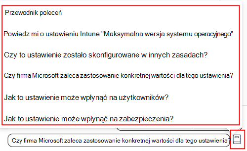 Zrzut ekranu przedstawiający przewodnik poleceń funkcji Copilot podczas dodawania ustawienia w zasadach zgodności w usłudze Microsoft Intune i centrum administracyjnym usługi Intune.