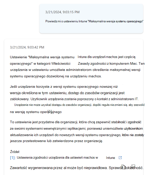 Zrzut ekranu przedstawiający więcej informacji o ustawieniu po wybraniu etykietki narzędzia Copilot w zasadach zgodności w centrum administracyjnym usługi Microsoft Intune.