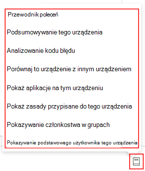 Zrzut ekranu przedstawiający przewodnik po polecenia funkcji Copilot po wybraniu urządzenia w usłudze Microsoft Intune lub Centrum administracyjnym usługi Intune.