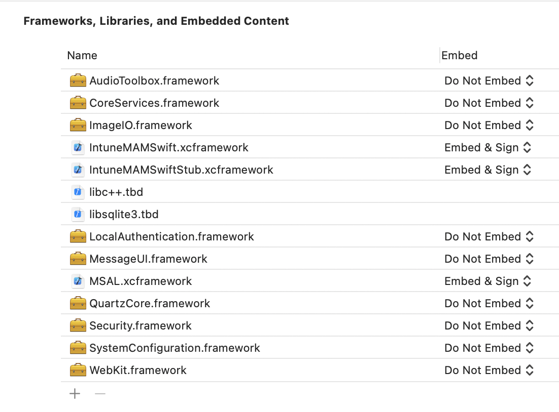 Intune Zestaw SDK aplikacji dla systemu iOS Framework: przykład Xcode Frameworks, Libraries i Embedded Content