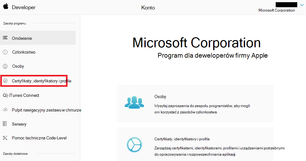 Portal deweloperów firmy Apple — certyfikaty, identyfikatory & profile