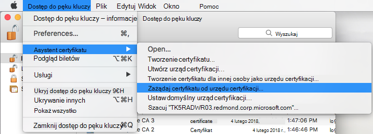 Żądanie certyfikatu od urzędu certyfikacji w programie Keychain Access